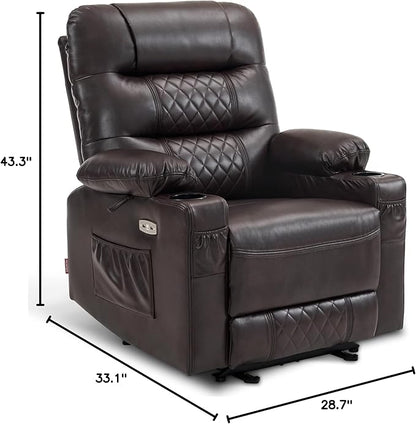 MCombo Zero Gravity Power Recliner Chair with Heat and Vibration Massage, Reclining Chair with USB Ports, Cup Holders for Living Room, Faux Leather PR621 (Brown)