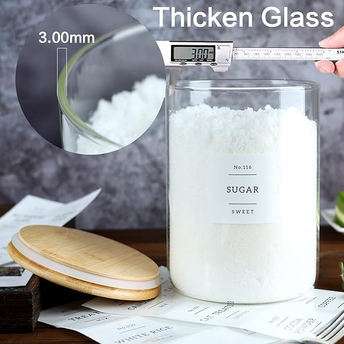 Large Glass Flour and Sugar Containers Jars with Bamboo Airtight Lid - 100 Fl Oz (3000ml) with Kitchen 42 Pantry Labels for Dry Food, Flour, Pasta, Cereal