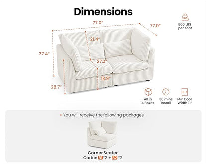 Oversized Modular Sofa, Extra Deep Cloud Corduroy Sectional Couch with Ottoman Chaise, Fluffy Corduroy 2 Seater Sofa Bed for Living Room, Villa (Loveseat Sofa, Corduroy White)