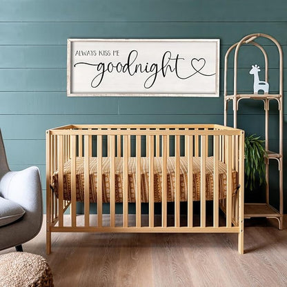 flowtorely Always Kiss Me Goodnight Wall Sign For Master Bedroom Above Bed Wall Decor 32''×12'' Large Rustic Solid Wood Frame For Farmhouse Couples Above bed Wall Art Decoration (White)