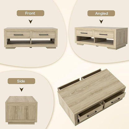 Hazel Coffee Table with 4 Storage Drawers and Open Shelf, Metal Handles, Rectangular Modern Luxury Table for Living Room
