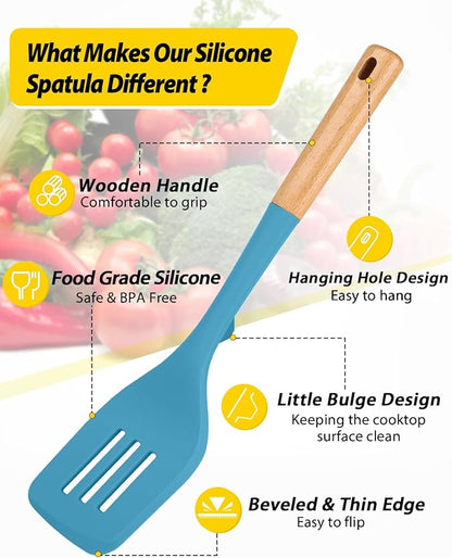 Pack of 2 Large Silicone Spatula, Heat Resistant Solid Turner, Non Stick Slotted Spatulas with Wooden Handle, Ideal Kitchen Utensils for Flipping, Pancakes, Eggs, Fish(BLUE)