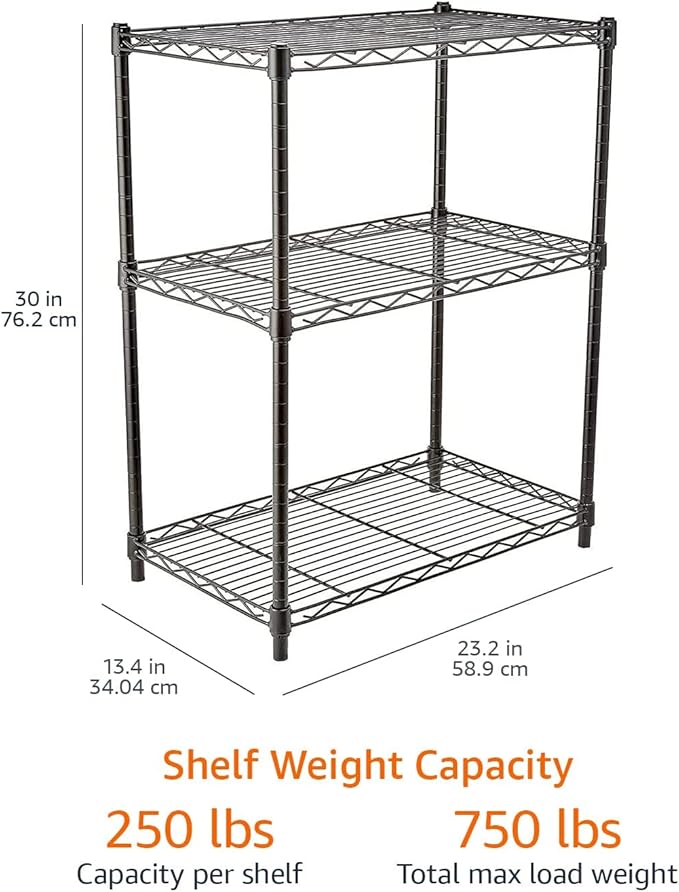 Amazon Basics 3-Shelf Adjustable Heavy Duty Steel Wire Rack Storage Shelving Organizer for Kitchen, Garage, 23.2" L x 13.4" W x 30" H, Black