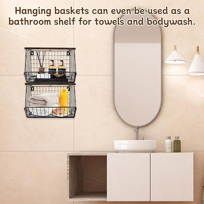 CYEAH 2 Pcs Stackable Fruit Basket for Kitchen, Hanging Wall Fruit Basket with Wood Lid, Space Saving Wall Mounted Mesh Metal Wire Baskets, Kitchen Counter Organizer for Snack, Onion, Potato Storage
