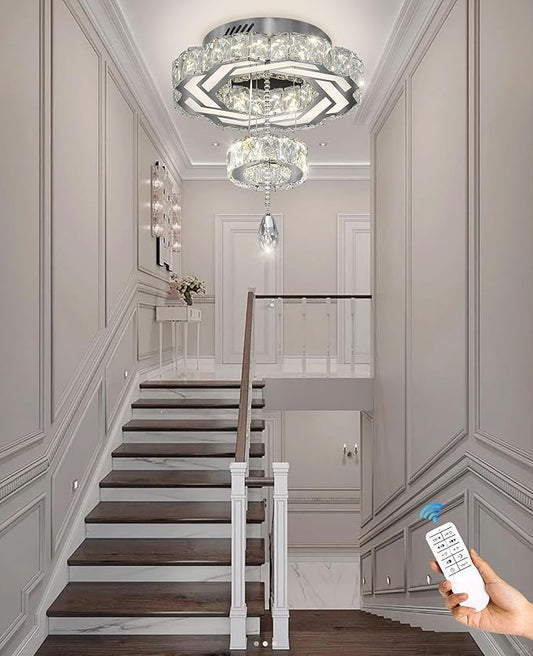 Flashing God Small Crystal Chandeliers Dia 12" Silver Chandelier Flush Mount Ceiling Light for Bedroom Living Room Dining Room Hallway Dimmable 3 Rings LED Celing Lighting Fixtures
