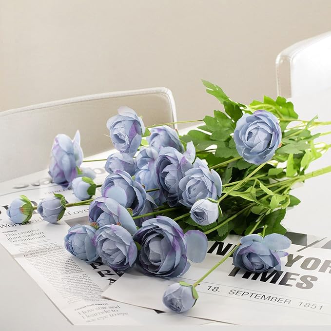 Artificial Silk Flowers Ranunculus Fake Flower 5 Pcs,Suitable for core Decoration,Wedding Floral Creation,Flower Arrangement DIY Project,Interior Decor（Blue）