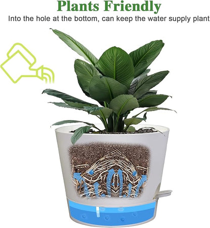 Self Watering Pots for Indoor Plants,12 inch Planters with Drainage Holes Plastic Flower Pots with Deep Reservoir, White