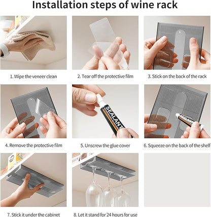 4 Pcs Wine Glass Holder Under Cabinet,Plastic Stemware Rack Punch-free Hanger Under Counter for Bar,Kitchen and Restaurant(Grey)