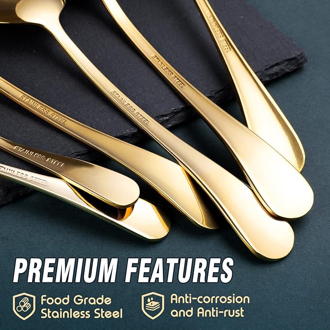 Gold Serving Utensils, OGORI 10-Piece Polished Stainless Steel Gold Serving Utensils Set Include Serving Spoons, Slotted Serving Spoon, Serving Tongs, Serving Fork, Salad Fork, Soup Ladle, Pie Server