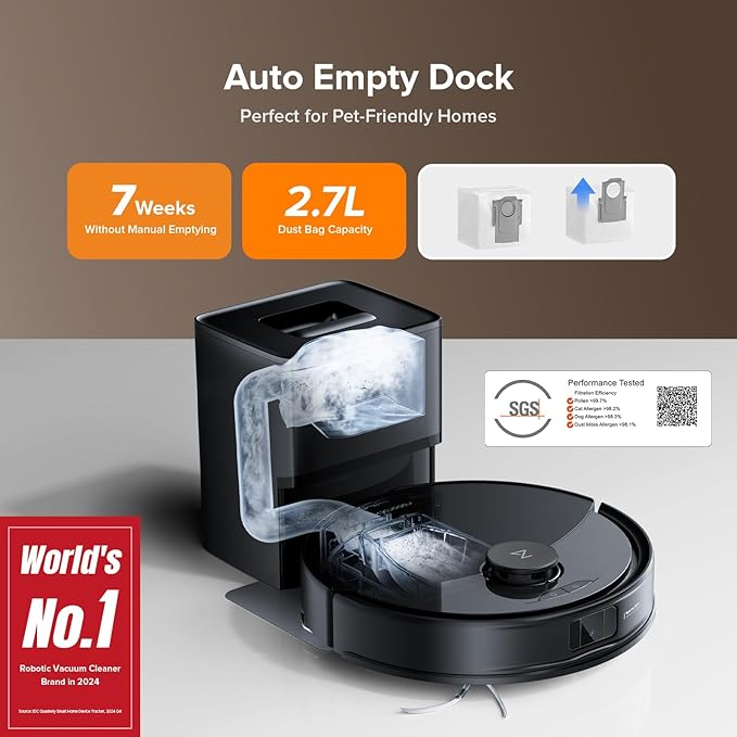 roborock Q10 X5+ Robot Vacuum and Mop, Self-Emptying, Hands-Free Cleaning for up to 7 Weeks, 10,000Pa Suction, Obstacle Avoidance, LiDAR Navigation, No-Go Zones, Black