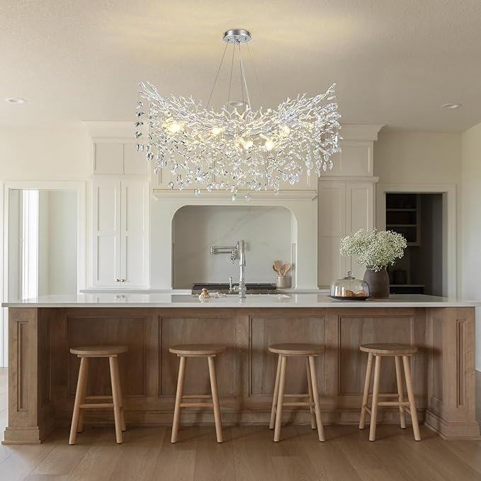 Modern Crystal Silver Chandelier, 36" Large Rectangular Oval Tree Branch Crystal Chandeliers for Dining Room,16-Light Flush Mount K9 Crystal Chandeliers, for Kitchen Island,Dining Room