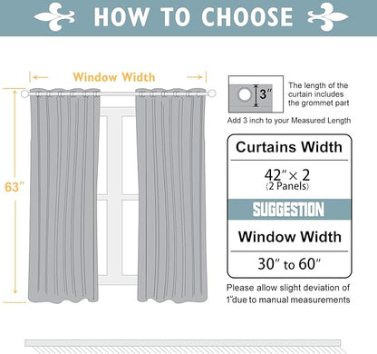 ChrisDowa Blackout Curtains 63 inches Long for Bedroom - 2 Panels Set Grommet Thermal Insulated Room Darkening Curtains for Living Room (Grey, 42 x 63 Inch)