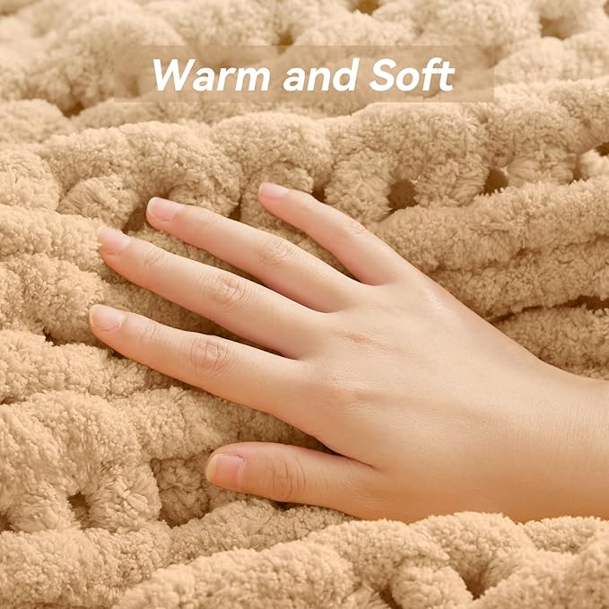 Chunky Knit Throw Blanket, 30''*40'' Knitted Throw Chenille Yarn for Bed Couch, Handmade Beige Crochet Big Thick Blanket, Machine Washable Cute Comfy Blanket for Home Decor