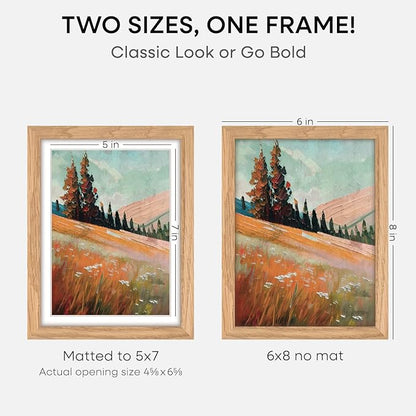 Homeforia 6x8 Picture Frame Natural Wood, High End Oak 6x8 Light Wooden Frames with Mat 5x7 for Photo, 6 x 8 Frame Matted to 5 x 7 Print, 8x6 Wall or Tabletop Frame, Tempered Glass, Wall Kit, Set of 1