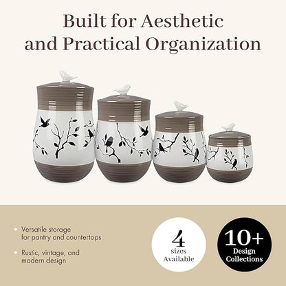 Young's Inc. 4 Pcs Set Botanical Ceramic Canisters- Storage Container for Kitchen and Bathroom - Beautiful Home Decor Accent to Store Food, Coffee, Tea, and More - Brown, White