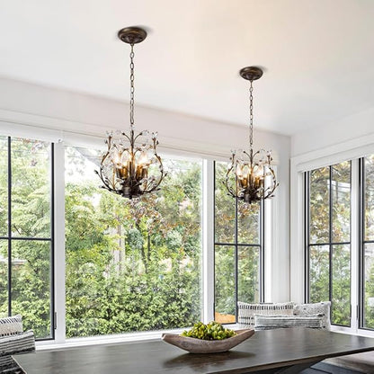 5-Light Vintage Crystal Branch Chandelier Farmhouse Hanging Pendant Light Fixtures for Living Room Dining Room Foyer Kitchen Island Hallway, Aged Bronze