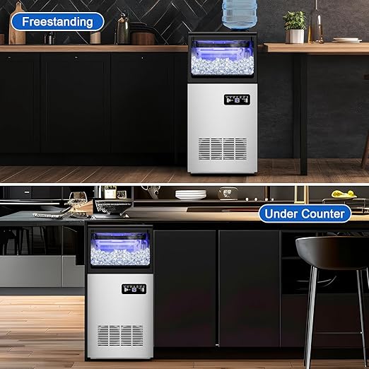Commercial Ice Maker Machine 130 LBS/24H, 45 Ice Trays Freestanding & Undercounter Ice Machine Stainless Steel with 20 LBS Ice Storage Capacity, Ice Maker with Water Line and Filter, Dual Water Inlet