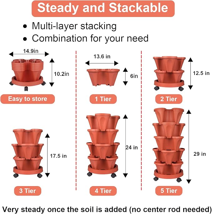 Vertical Planter 5 Tier Stackable Planters Garden Planters Strawberry Herb Flower and Vegetable Planter Indoor Outdoor Gardening Pots with Removable Wheels and Tools 2-Pack