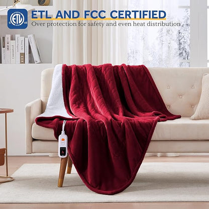 Sealy Electric Blanket Throw Size 50"*60",Super Cozy Flannel to Sherpa Reversible Heated Blanket Throw with 6 Heating Levels & 2-10 Hours Auto Off Overheating Protection Machine Washable,Red