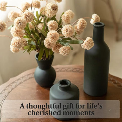 Fake Flowers in Vase for Centerpieces, Faux Flowers in Modern Ceramic Vase Set of 3 with 8 Artificial Autumn Chrysanthemums Home Decor