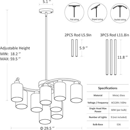 9-Light Black Modern Chandeliers for Dining Room, Adjustable Height Farmhouse Kitchen Island Lighting, Industrial Hanging Light Fixtures for Living Room Bedroom, Clear Glass Shade