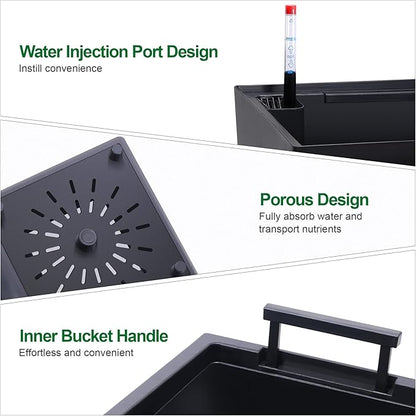 22.5" Tall Planters Set of 2, Outdoor＆Indoor Black Planter Pots, High Front Porch Planter Pots with Drainage Holes＆Water Level Monitor＆Inner Bucket, Automatic Watering, Black