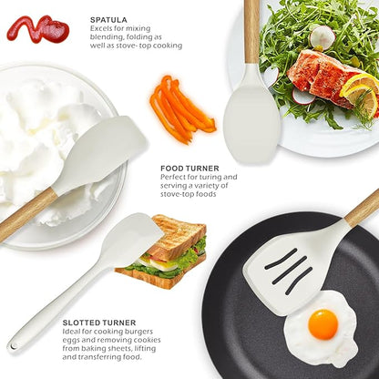 Silicone Cooking Utensils Set - 446°F Heat Resistant Silicone Kitchen Utensils for Cooking,Kitchen Utensil Spatula Set w Wooden Handles and Holder for Non-Stick Cookware, BPA FREE (Cream White)