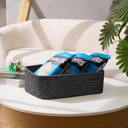 Large Shallow Organizing Baskets 15x11x5.1 Inches - Rope Woven Storage Bins for Bathroom, Shelves, Cube Closet, Mixed Black 2 Packs