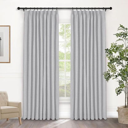 Macochico 100% Blackout Pinch Pleated Linen Curtains Thermal Window Treatments Sound Reducing Curtains for Bedroom Living Room Silver Grey Farmhouse Burlap Drapes with Tieback 52”Wx63”L 1 Panel