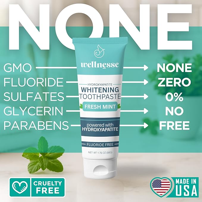 Wellnesse Hydroxyapatite Toothpaste – Fluoride Free for Sensitive Gums – Anti-Plaque, Remineralizing, Enamel Protection & Natural Whitening Toothpaste for Adults – Fresh Mint Flavor – 1.75 oz