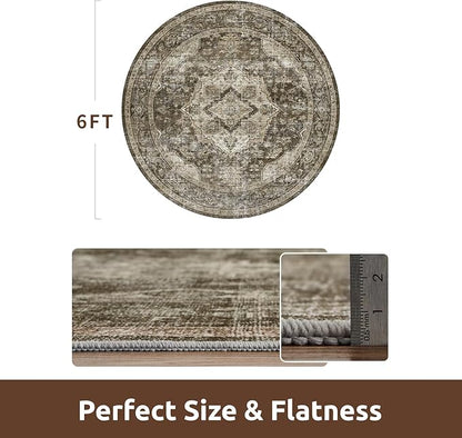 AMOAMI 6FT Round Rug - Vintage Soft Coffee & Brown Rugs for Living Room, Bedroom, Dining Room, Office - Non Slip, Machine Washable