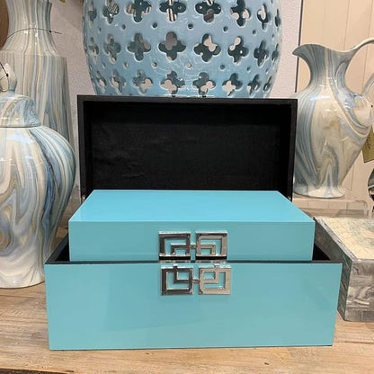 Galt International Large & Small Decorative Storage Box w/Hinged Lid - Classic Design Wood Decor Boxes with Geometric Opening Clasp - Storage for Bedroom and Home - Set of 2 (Blue)