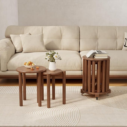 Stackable Stools Set of 4, Wooden Stool 18 Inch Stool Stackable Side Tables Nesting Table Sturdy and Durable, No Installation Required for End Table,Top Stackable Round Stools (Walnut Mobile)