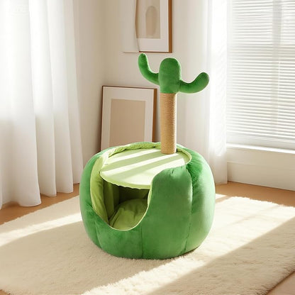 Cat Houses for Indoor Cats, Small Cat Tree with Sisal Ropes and Plush Perch, Cute Cat Bed Cave with Soft Pillow, Cactus Design