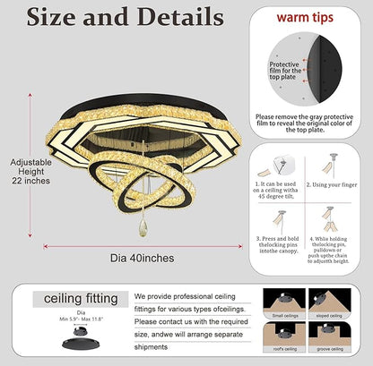 Flashing God Large Chandelier Dia 40" Black Crystal Chandelier Flush Mount Ceiling Light for Bedroom Living Room Dining Room Hallway Dimmable 3 Rings LED Celing Lighting Fixtures