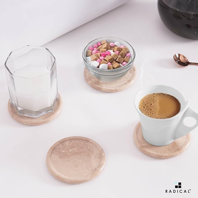 Marble Coasters Set of 6 Verona 3.5 Inch Round Coaster for Drinks with Holder, Drink Coaster for Tabletop & Coffee Table Decor, Ideal Home Decor House Warming Gifts