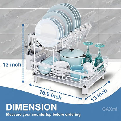 GAXmi Dish Drying Rack Over The Sink Drainer with Drainboard Utensil Holder Cup Holder, 2-Tier White