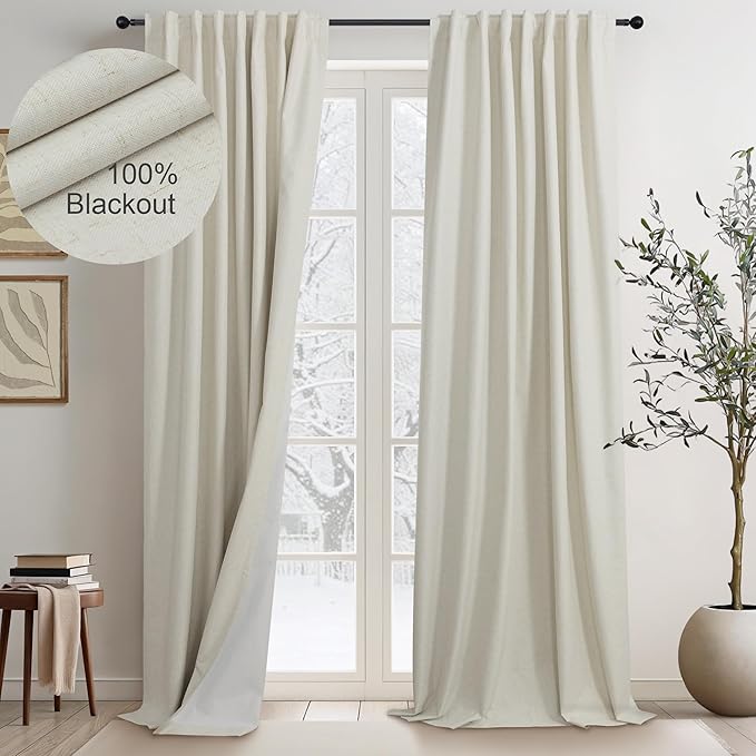 Burlap Blackout Curtains 96 Inch Length 2 Panels 100% Black Out Flax Linen Primitive Rustic Country Modern Farmhouse Thermal Drapes for Bedroom Living Room Dining Sliding Door 8 FT Long Back Tab Beige