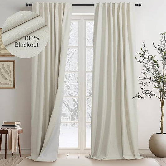 Burlap Blackout Curtains 96 Inch Length 2 Panels 100% Black Out Flax Linen Primitive Rustic Country Modern Farmhouse Thermal Drapes for Bedroom Living Room Dining Sliding Door 8 FT Long Back Tab Beige