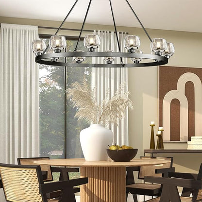 Black Wagon Wheel Chandelier, 59 Inch Black Chandeliers with Unique Glass Shade, 15-Light Crystal Large Wagon Wheel Chandeliers for Dining Room, High Ceiling Round Chandelier for Living Room, Foyer