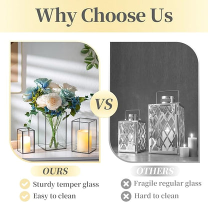 Glass Hurricane Candle Holder Large - Hewory 6pcs Black Rectangle Flower Holders Centerpiece for Table, Tall Floor Square Pillar Candle Lantern for Wedding, Anniversary, Party, Fireplace, Dining Room