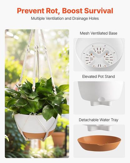 VEVOR Hanging Planters, 10 Inch Self-Watering Hanging Planter, 2 Pack Flower Pots with Drainage Hole & 2 Kinds of Plant Hangers, Plastic Basket Pots, for Garden Home Decor, Indoor & Outdoor Plants