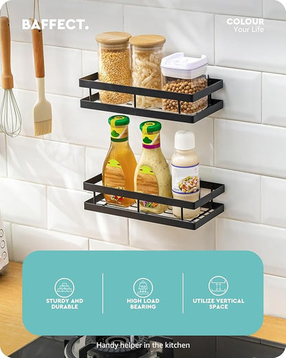Metal Spice Rack Wall Mount Floating Shelves 2 Pack Black Storage organizer for Cabinet Door Pantry Kitchen Bathroom Supplies (13.7inches length)
