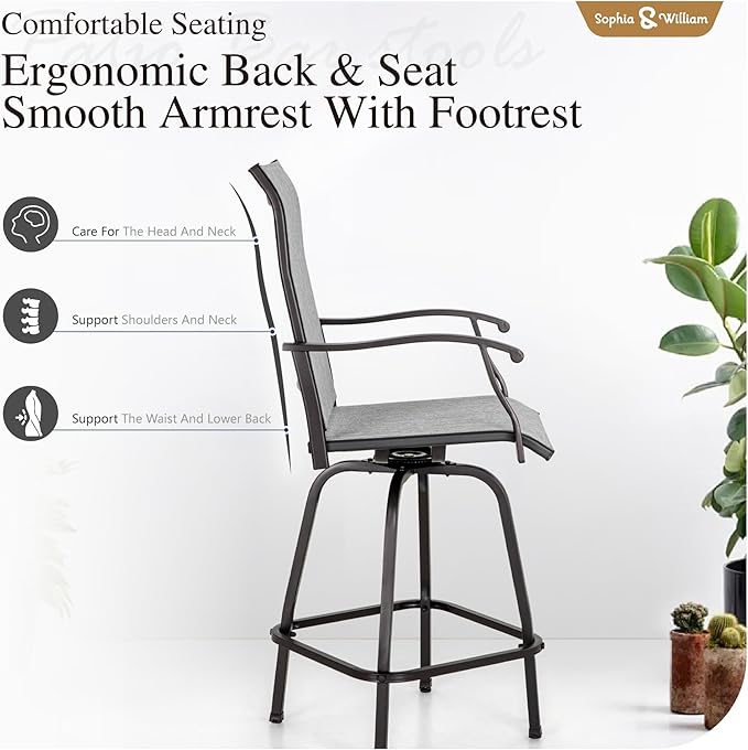 Sophia & William Outdoor Bar Set, Patio Bar Table and Chairs Set, Bar Height Patio Set - 2 x Swivel Bar Chairs(Grey), 1 x Square Bar Table(Wood-Like)