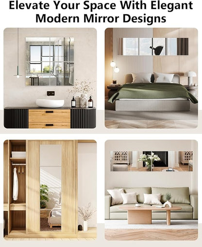 Full Length Wall Mirror Tiles, 12'' x 12'' x 4PCS, Acrylic Unbreakable Full Body Mirror for Bedroom Squares Shatterproof Mirror Sheets Wall Mounted for Home Gym Door Plexiglass Mirrors Safe for Kids