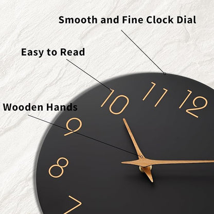 Mosewa 12 Inch Black Wall Clock Battery Operated Silent Non Ticking Modern Simple Minimalist Decorative for Kitchen Bedroom Home Office Bathroom Living Room