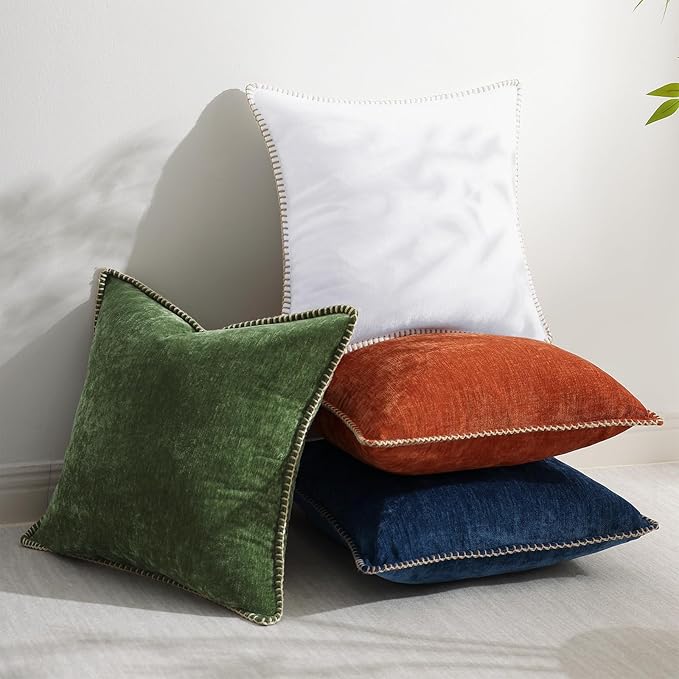 decorUhome Chenille Soft Throw Pillow Covers 16x16 Set of 2, Farmhouse Velvet Neutral Decorative Euro Pillow Covers with Stitched Edge for Couch Sofa Bed Home Decor, White