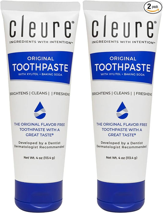 Cleure Original No Fluoride Toothpaste - SLS Free, Mint Free - with Xylitol for Fresh Breath & Helps Whiten - for Kids & Adults - Flavor Free (4oz Tube, Pack of 2)