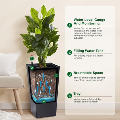 22.5" Tall Planters Set of 2, Outdoor＆Indoor Black Planter Pots, High Front Porch Planter Pots with Drainage Holes＆Water Level Monitor＆Inner Bucket, Automatic Watering, Black