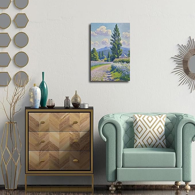 Countryside wildflowers landscape canvas poster natural plant flower artwork retro pastoral flower path suitable for farmhouse decoration